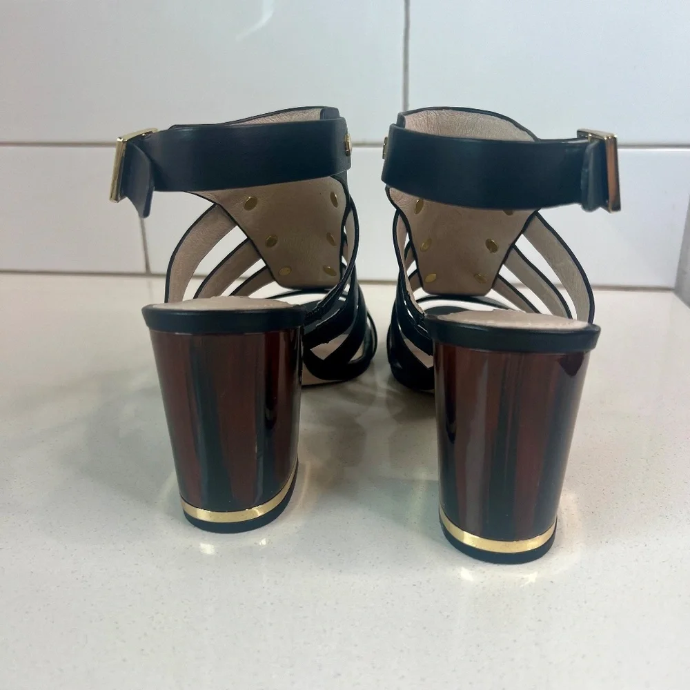 Louise et Cie Lo-Vira black leather sandals, tortoise color block heel - Picture 5 of 15